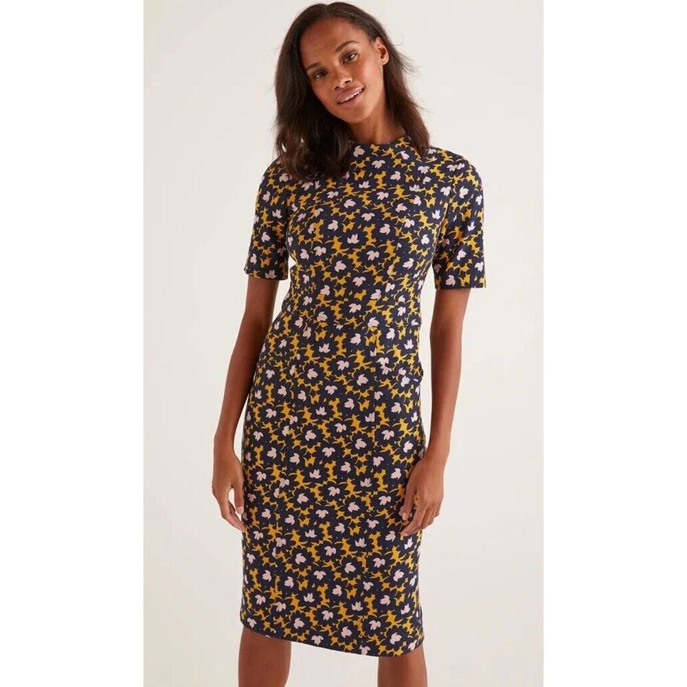 Boden Black Midi Dress with Yellow and Lavender Floral Print